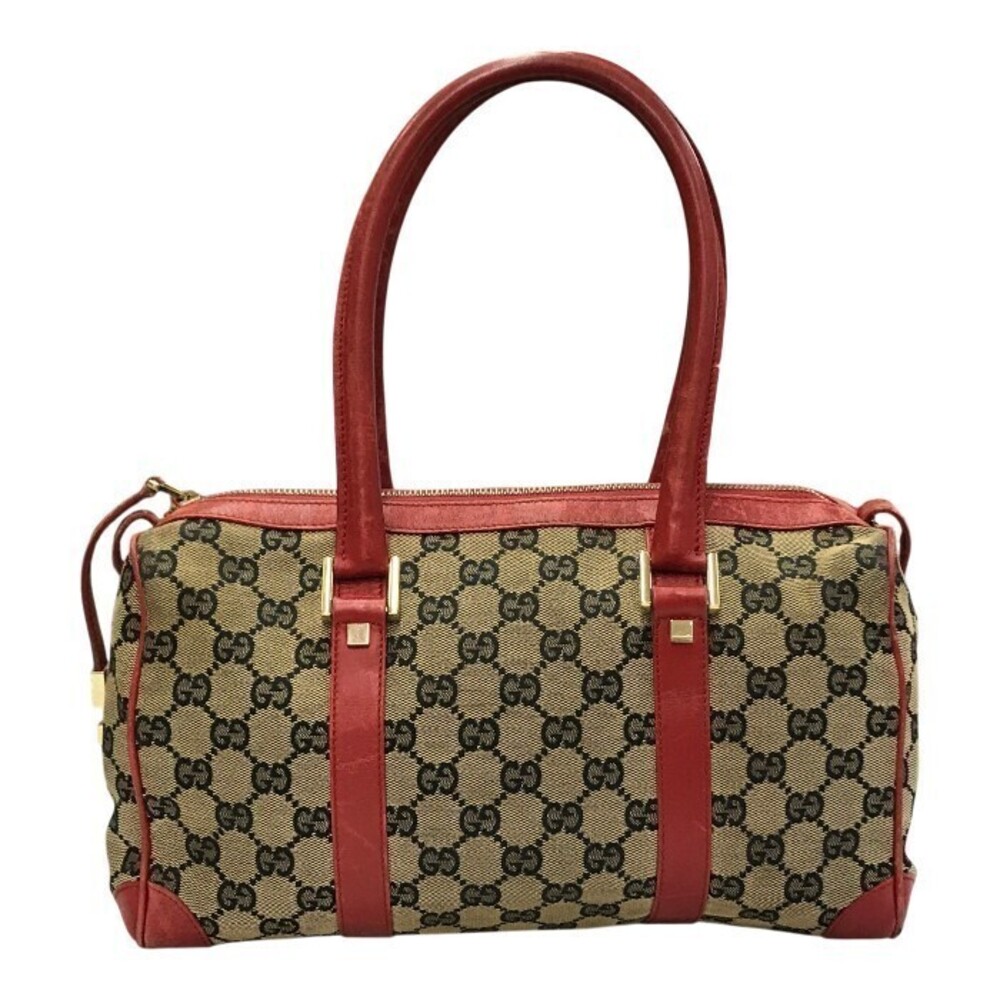 GUCCI GG Canvas Boston Bag Leather Gray Red